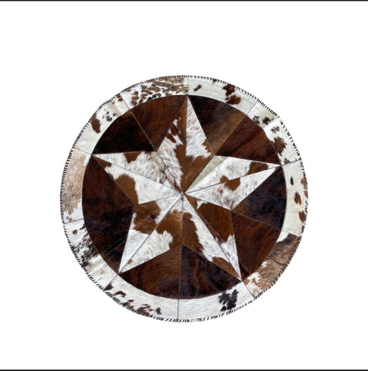 Cowhide Tri Color Round Area Rug - Star Patchwork Rug Brown and White